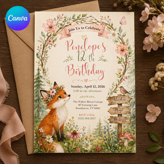 Floral Woodland Fox 12th Birthday Invitation for Girls — editable Canva template