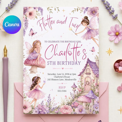 Flutter and Twirl Fairy 5th Birthday Invitation — editable Canva template