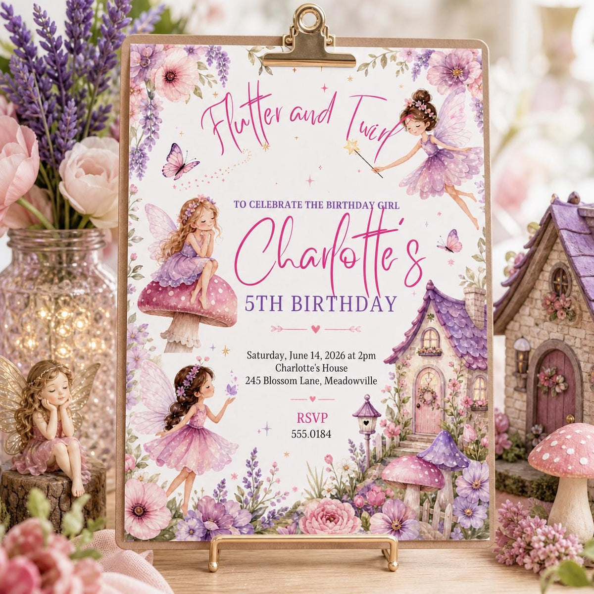 Flutter and Twirl Fairy 5th Birthday Invitation — invitation you personalize in Canva