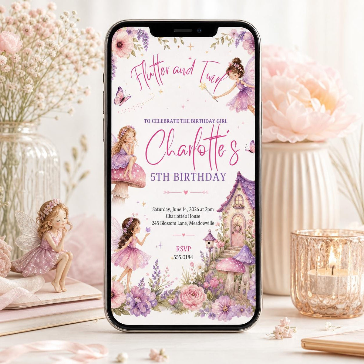 Flutter and Twirl Fairy 5th Birthday Invitation — print-ready 5th birthday party design from VoltBy