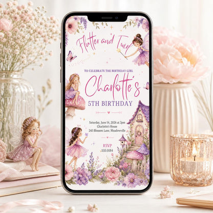 Flutter and Twirl Fairy 5th Birthday Invitation — print-ready 5th birthday party design from VoltBy