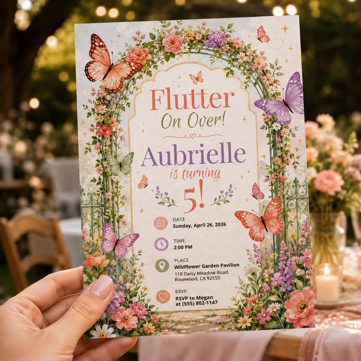 Flutter on Over Butterfly Garden 5th Birthday Invitation in green and lavender