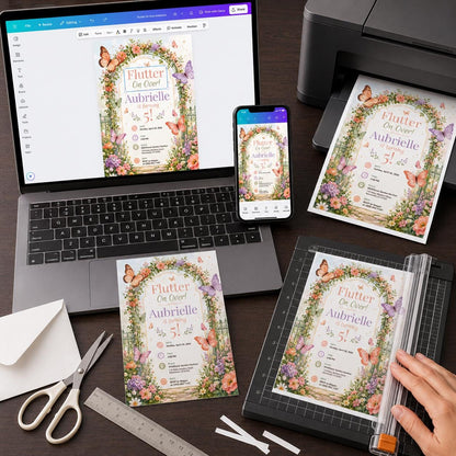 Flutter on Over Butterfly Garden 5th Birthday Invitation — floral design