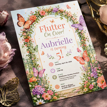 Flutter on Over Butterfly Garden 5th Birthday Invitation — invitation you personalize in Canva