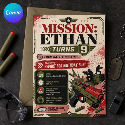 Foam Dart 9th Birthday Invitation for Boys — editable Canva template
