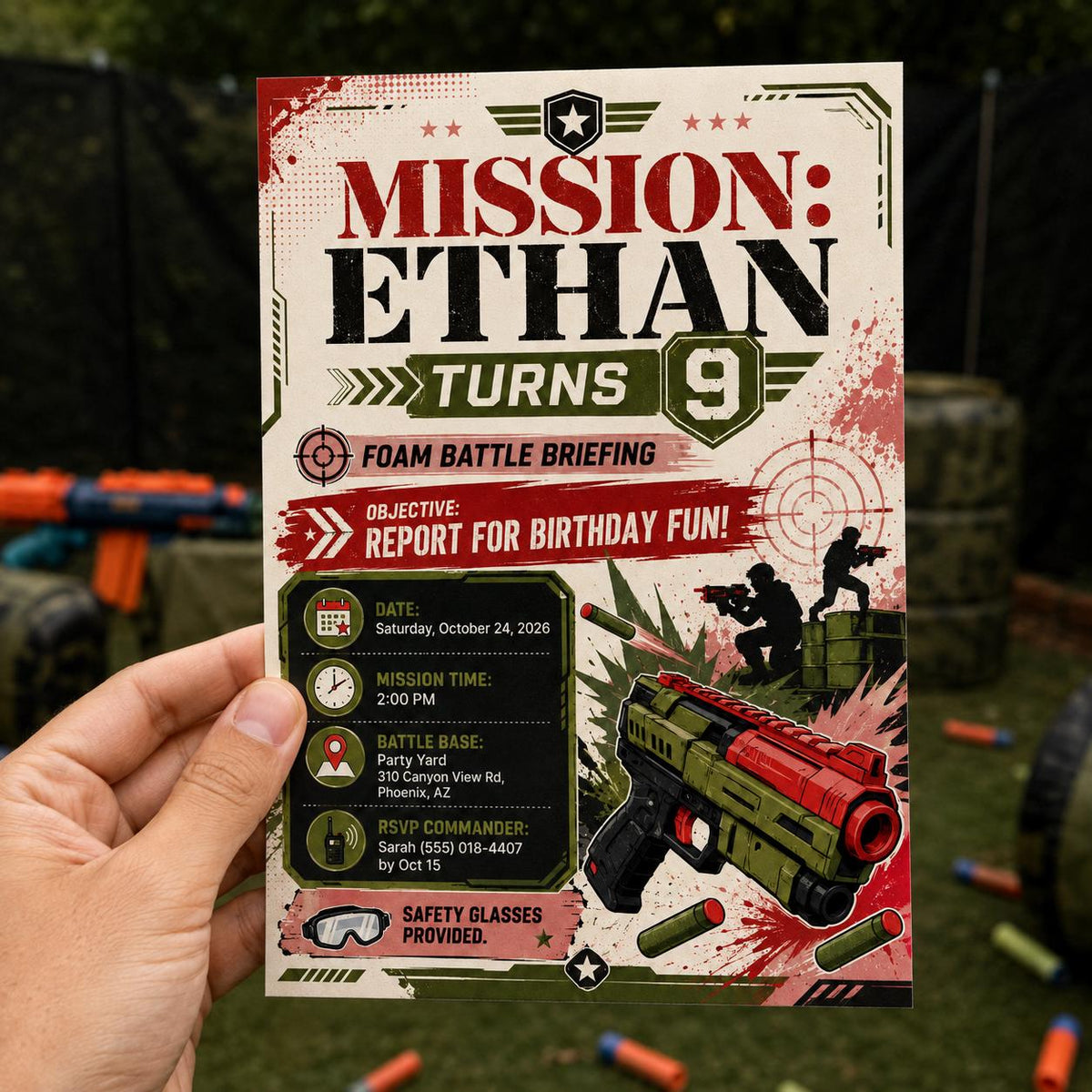 Foam Dart 9th Birthday Invitation for Boys — digital invitation, instant download