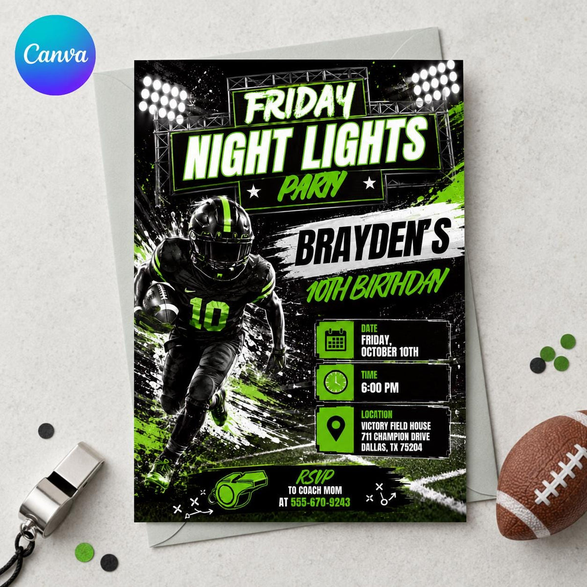Football 10th Birthday Invitation for Boys — editable Canva template