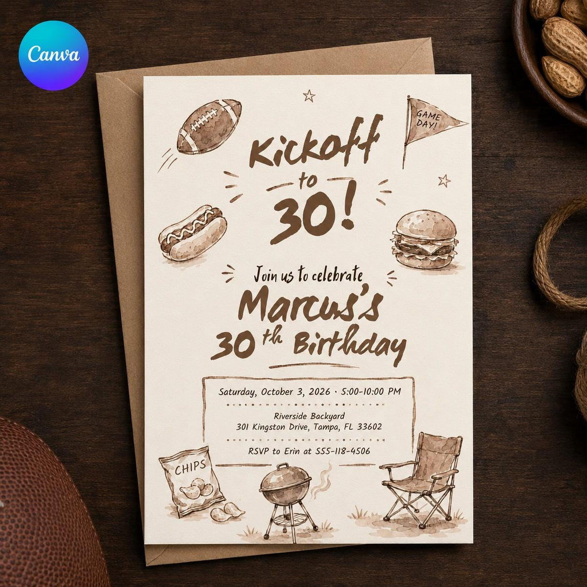 Football 30th Birthday Invitation — editable Canva template