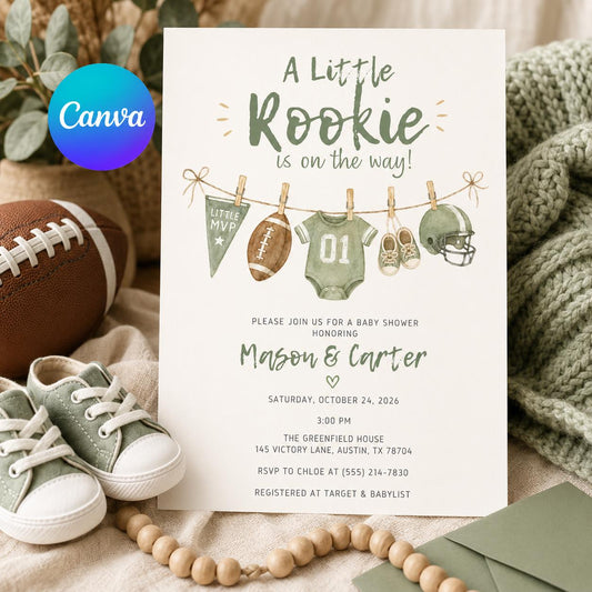 Football Baby Shower Invitation for Boys — editable Canva template