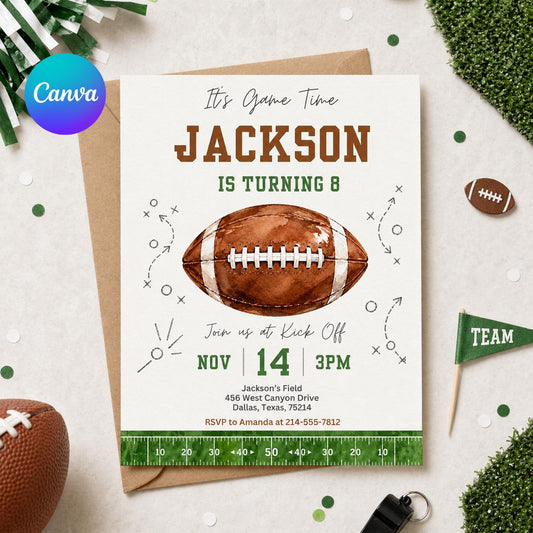 Football Birthday Invitation — editable Canva template