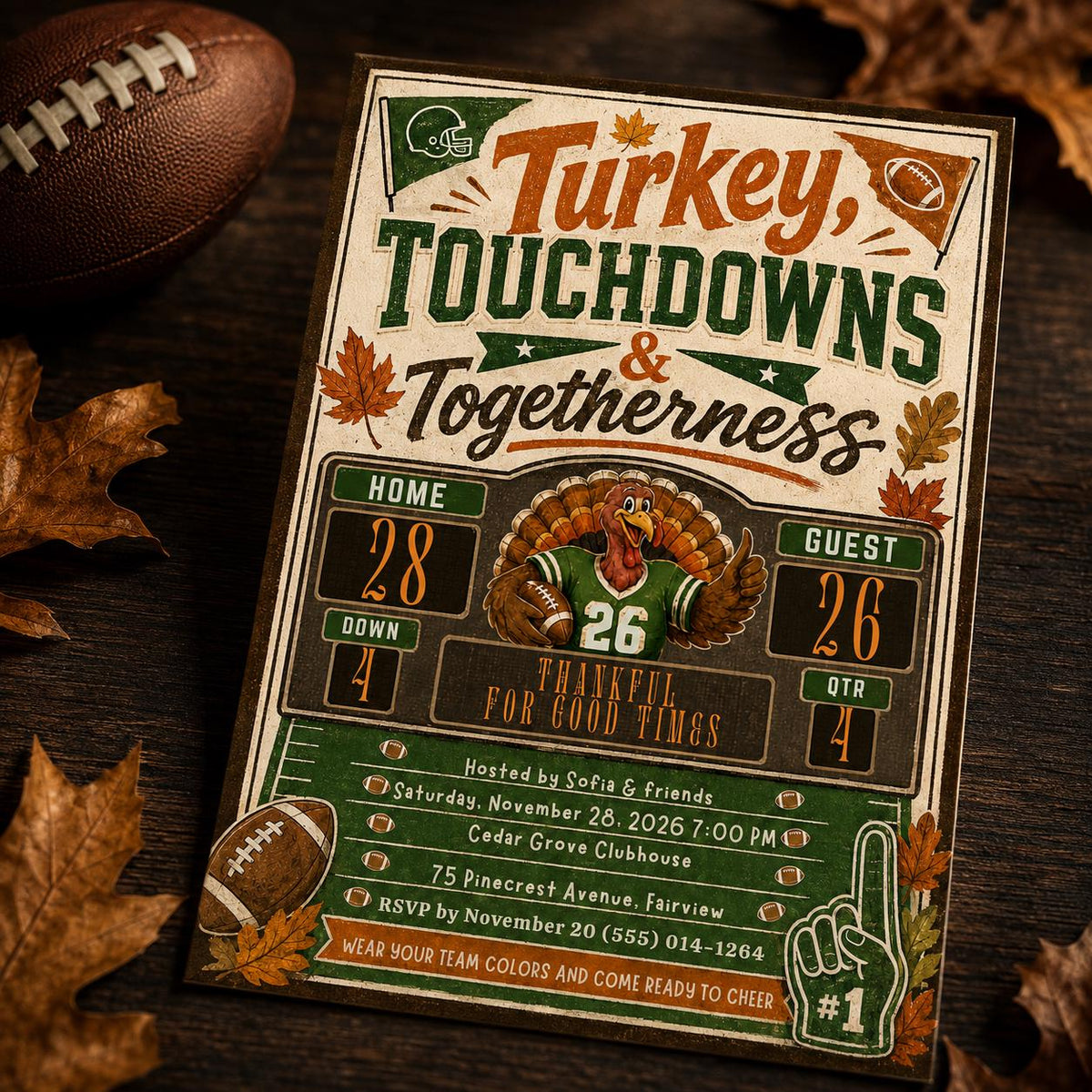 Football Turkey and Touchdowns Invitation — invitation you personalize in Canva