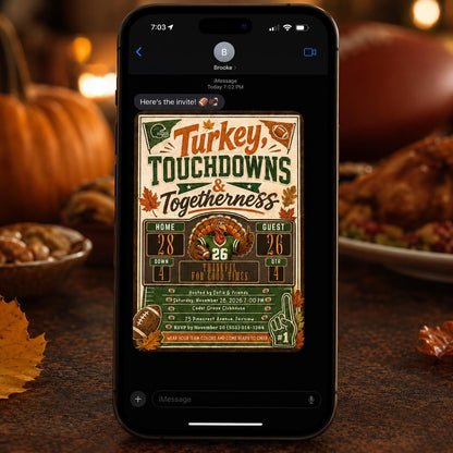 Football Turkey and Touchdowns Invitation — print-ready Thanksgiving gathering design from VoltBy