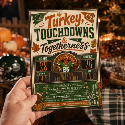 Football Turkey and Touchdowns Invitation — digital invitation, instant download