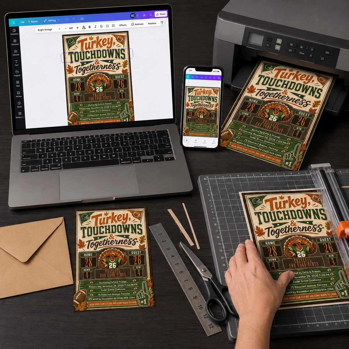 Football Turkey and Touchdowns Invitation — Thanksgiving gathering stationery by VoltBy