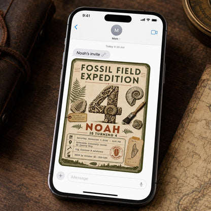 Fossil 4th Birthday Invitation — invitation you personalize in Canva