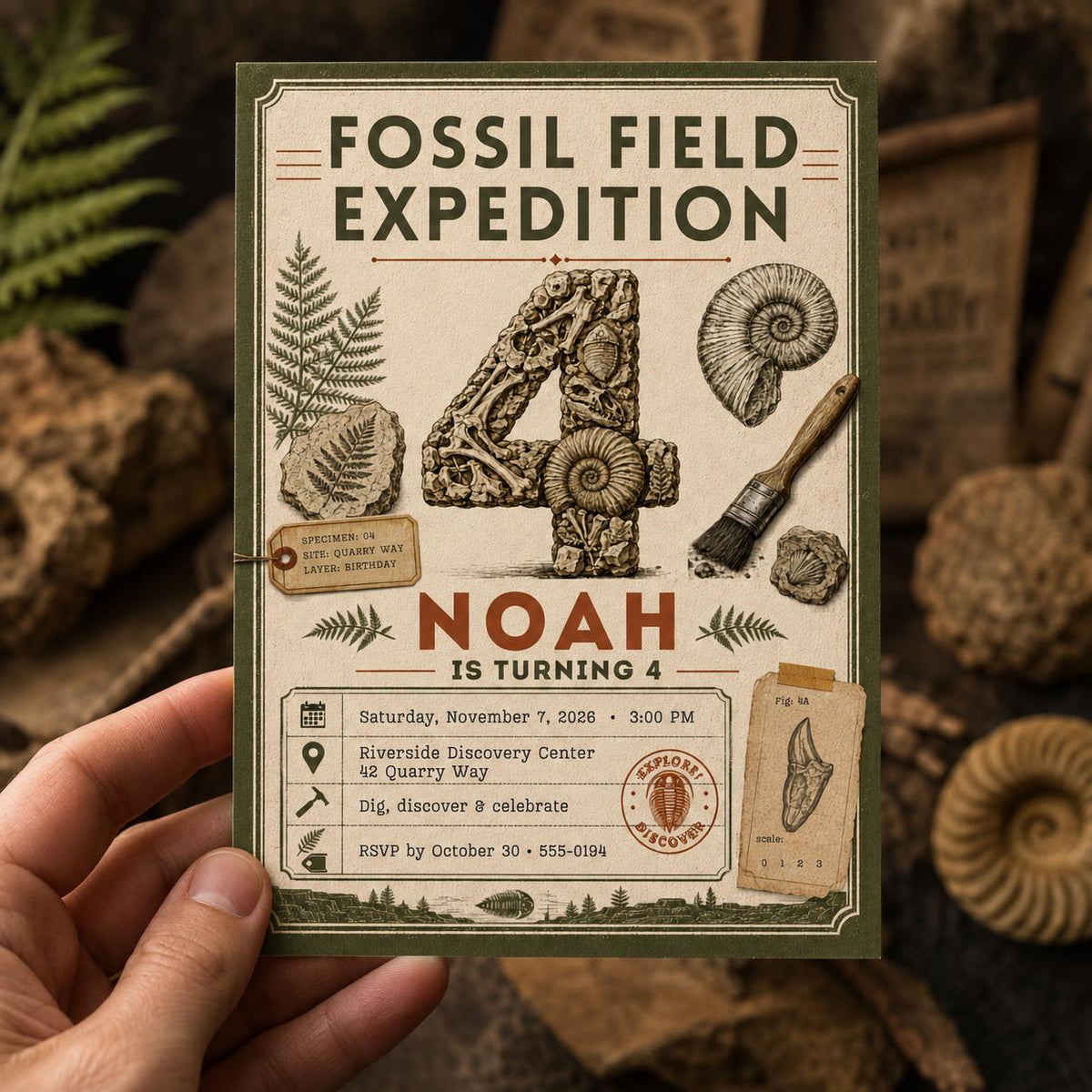 Fossil 4th Birthday Invitation — print-ready 4th birthday party design from VoltBy