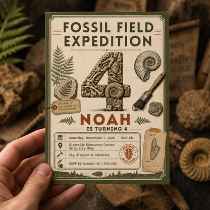 Fossil 4th Birthday Invitation — print-ready 4th birthday party design from VoltBy