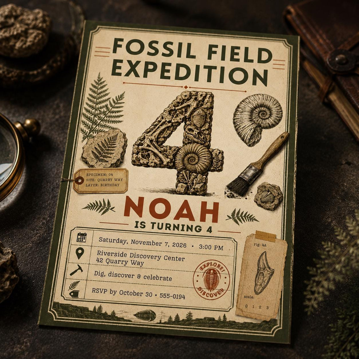 Fossil 4th Birthday Invitation — 4th birthday party stationery by VoltBy
