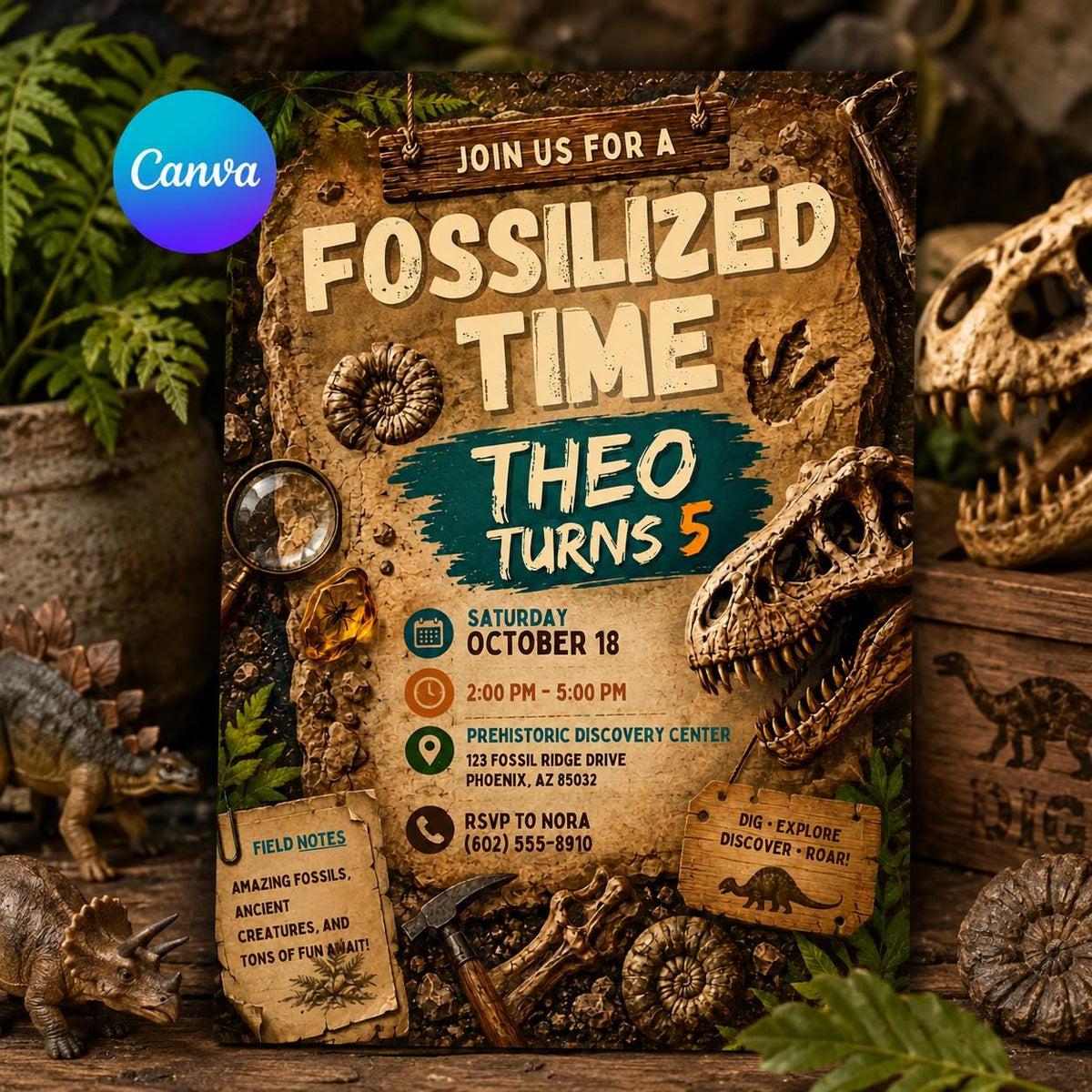 Fossil Dinosaur Birthday Invitation — editable Canva template