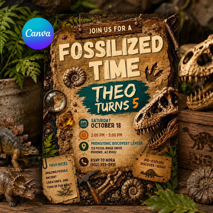 Fossil Dinosaur Birthday Invitation — editable Canva template