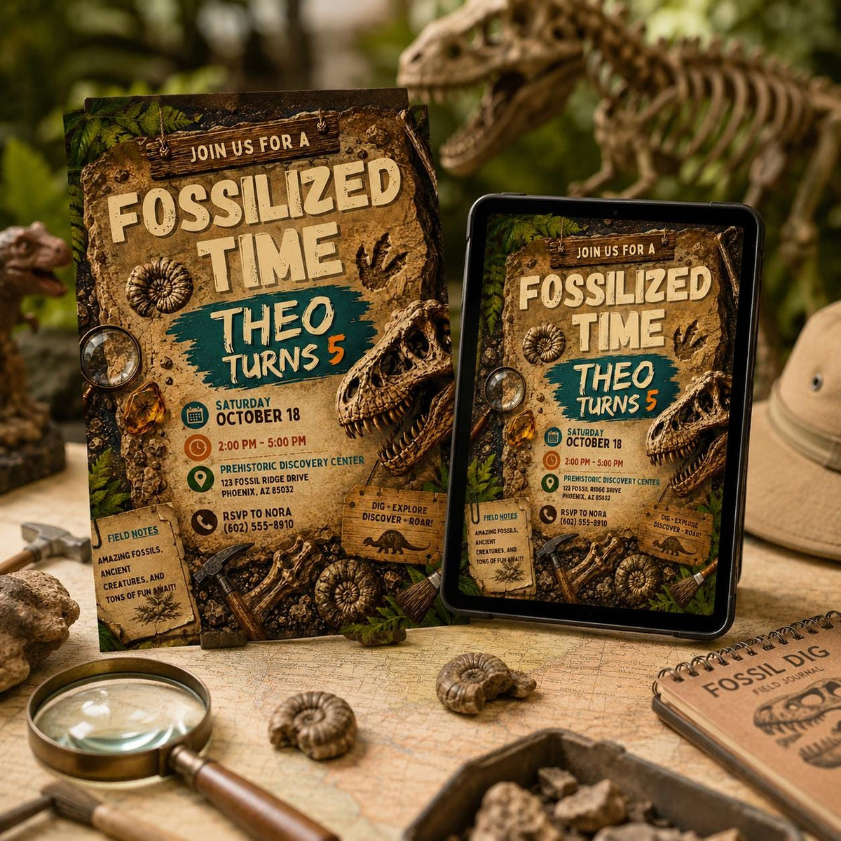 Fossil Dinosaur Birthday Invitation — invitation you personalize in Canva