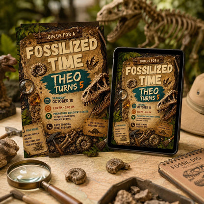 Fossil Dinosaur Birthday Invitation — invitation you personalize in Canva