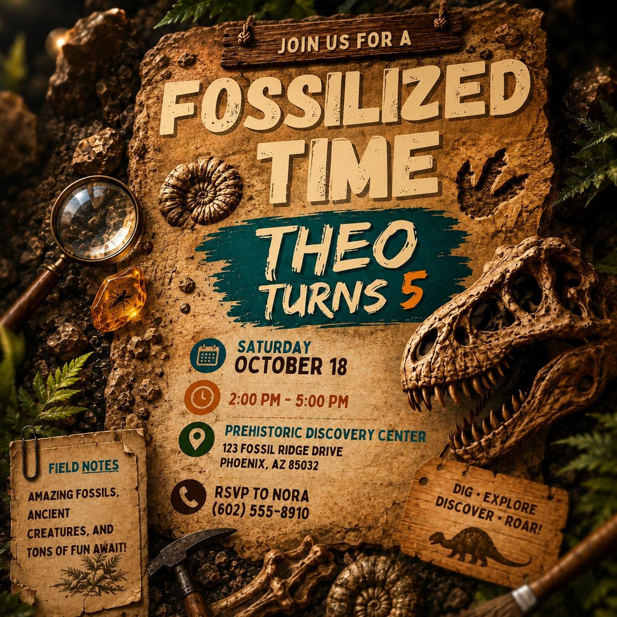 Fossil Dinosaur Birthday Invitation — print-ready birthday party design from VoltBy