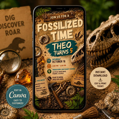 Fossil Dinosaur Birthday Invitation — digital invitation, instant download
