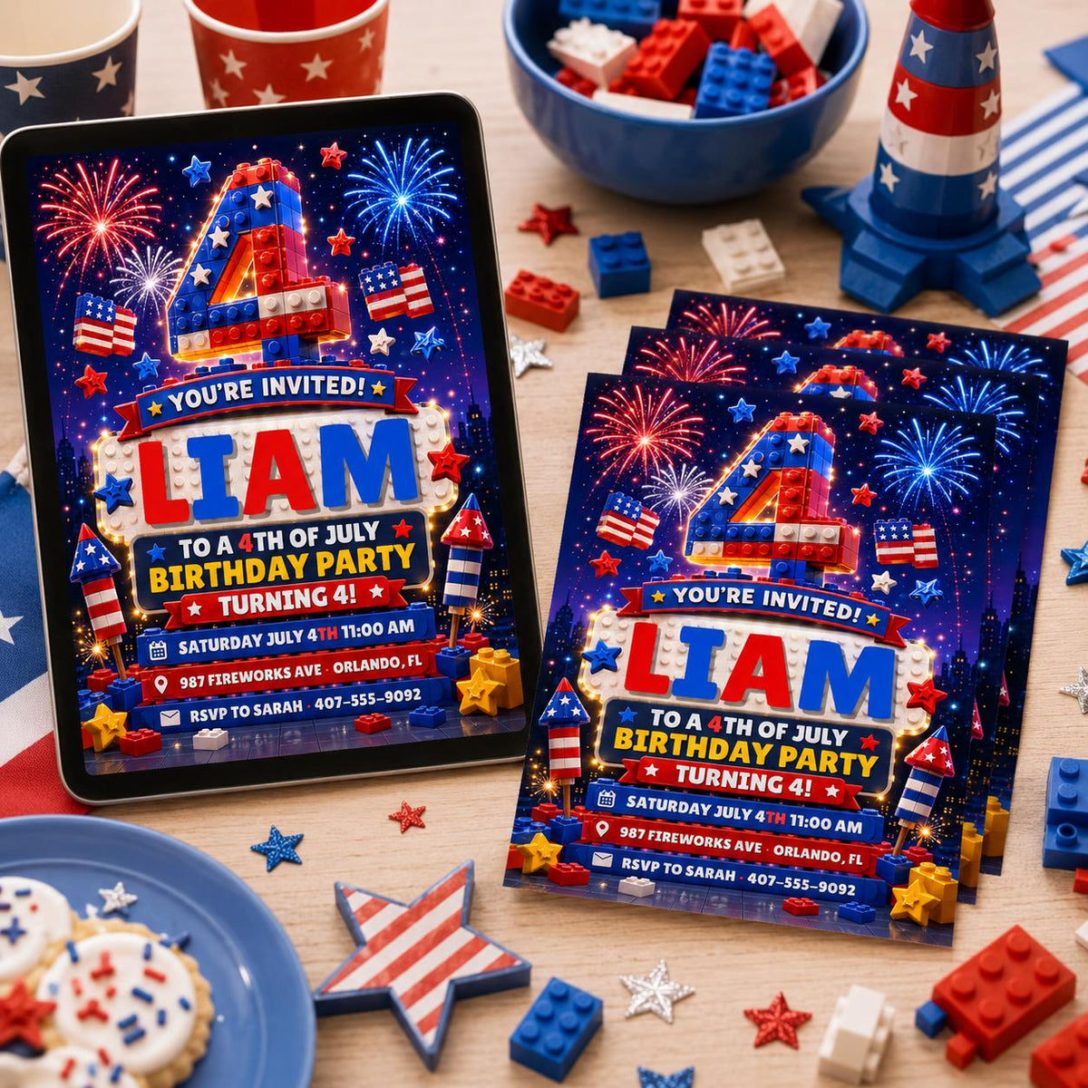 Fourth of July Building Block 4th Birthday Invitation — building blocks and patriotic design for a 4th birthday party