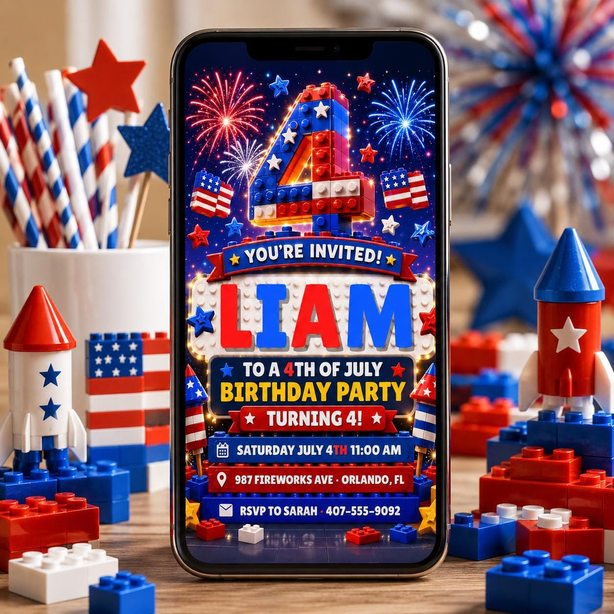 Fourth of July Building Block 4th Birthday Invitation — editable Canva template for a 4th birthday party