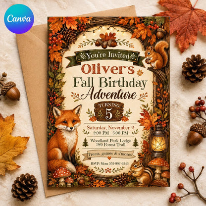 Fox Woodland 5th Birthday Invitation — editable Canva template