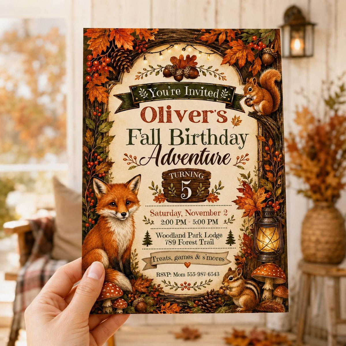 Fox Woodland 5th Birthday Invitation — print-ready 5th birthday party design from VoltBy
