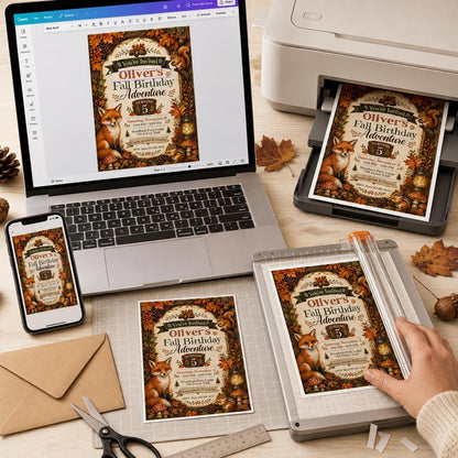 Fox Woodland 5th Birthday Invitation — digital invitation, instant download