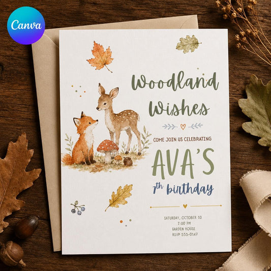 Fox Woodland 7th Birthday Invitation — editable Canva template