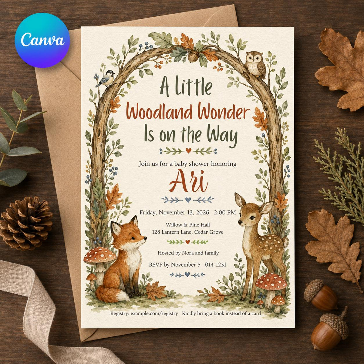 Fox Woodland Baby Shower Invitation — editable Canva template