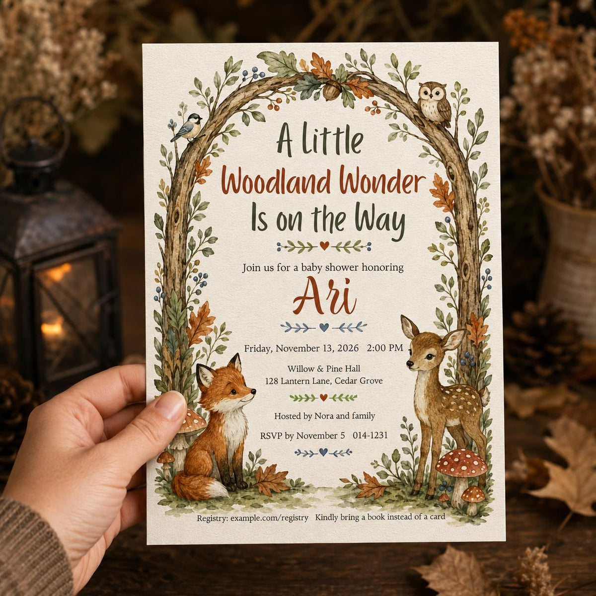 Fox Woodland Baby Shower Invitation — print-ready baby shower design from VoltBy