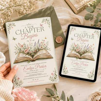 Framed Open Book Bridal Shower Invitation — butterfly and library artwork in cream and green