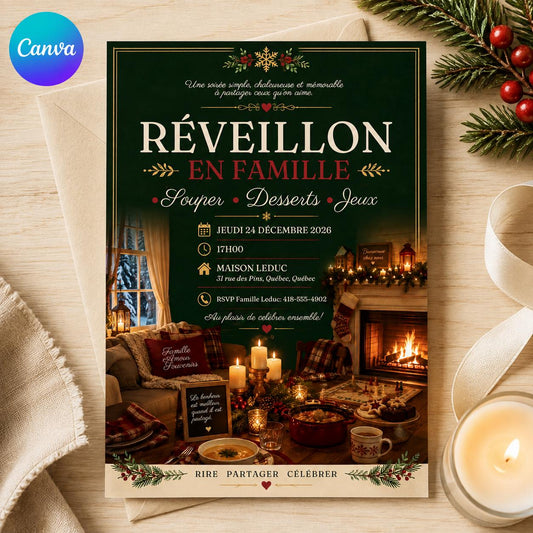French Christmas Eve Invitation with Fireside Dinner Scene — editable Canva template