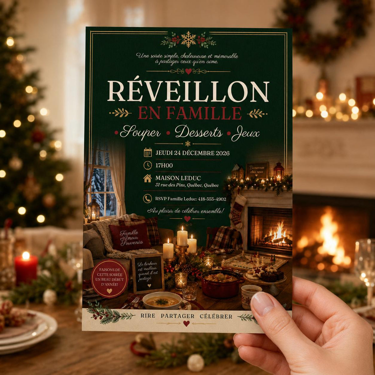 French Christmas Eve Invitation with Fireside Dinner Scene — invitation you personalize in Canva