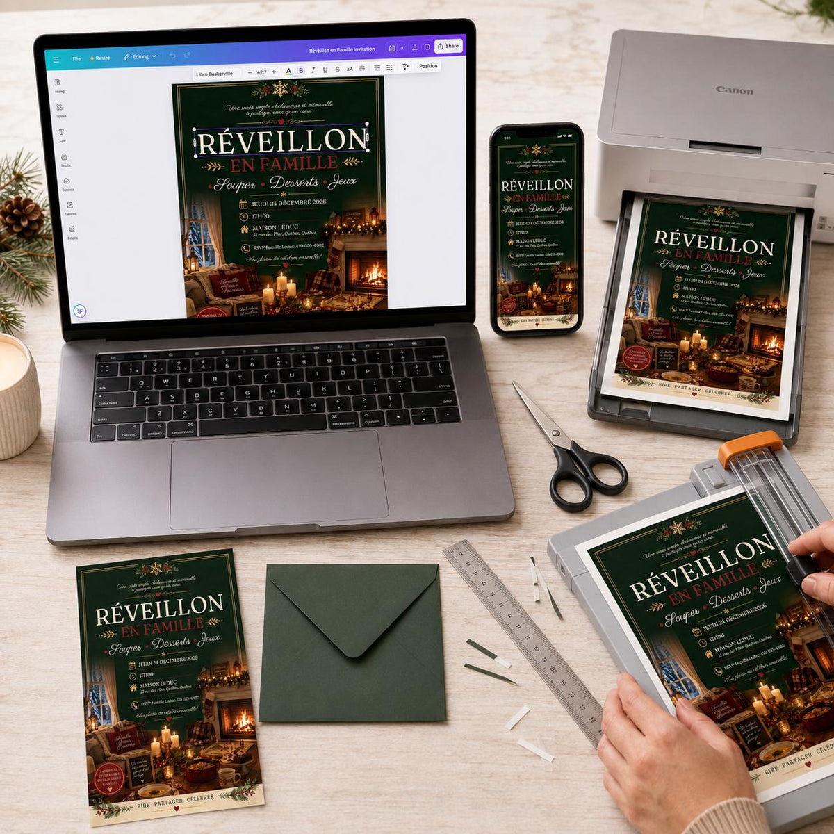 French Christmas Eve Invitation with Fireside Dinner Scene — print-ready Christmas celebration design from VoltBy