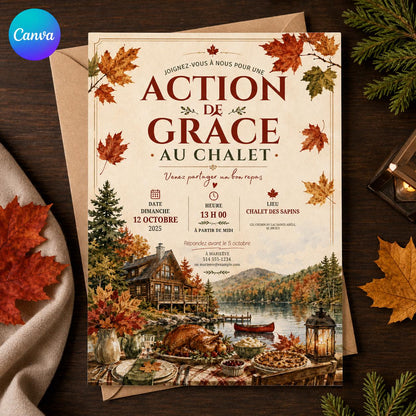 French Thanksgiving Invitation with Autumn Lake Chalet — editable Canva template