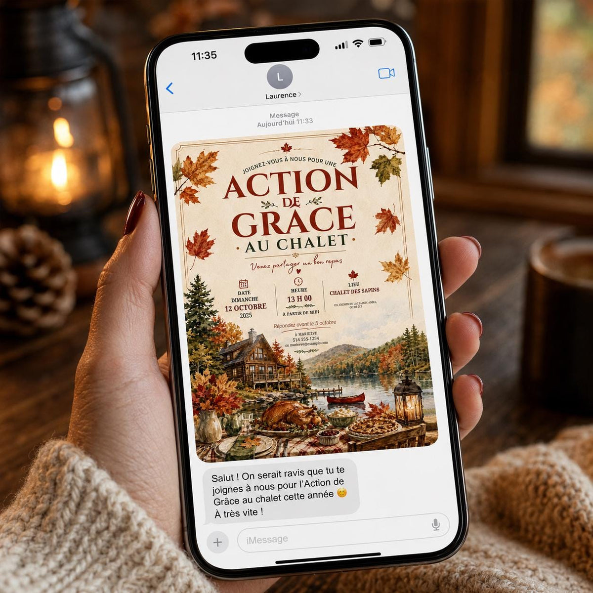French Thanksgiving Invitation with Autumn Lake Chalet in brown and cream