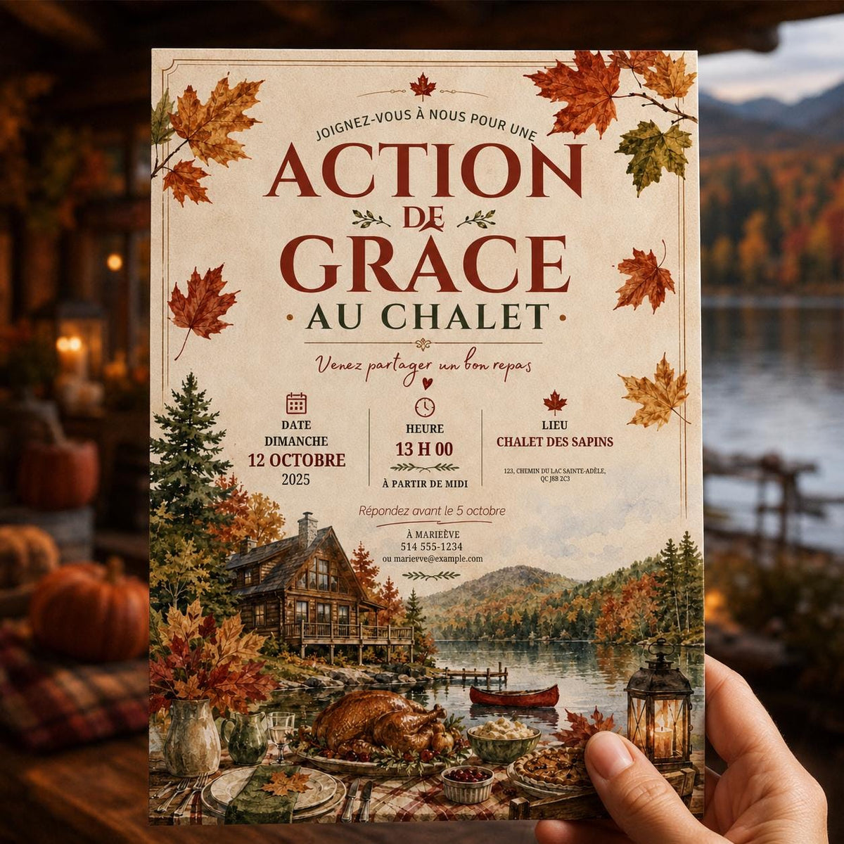 French Thanksgiving Invitation with Autumn Lake Chalet — leaf design