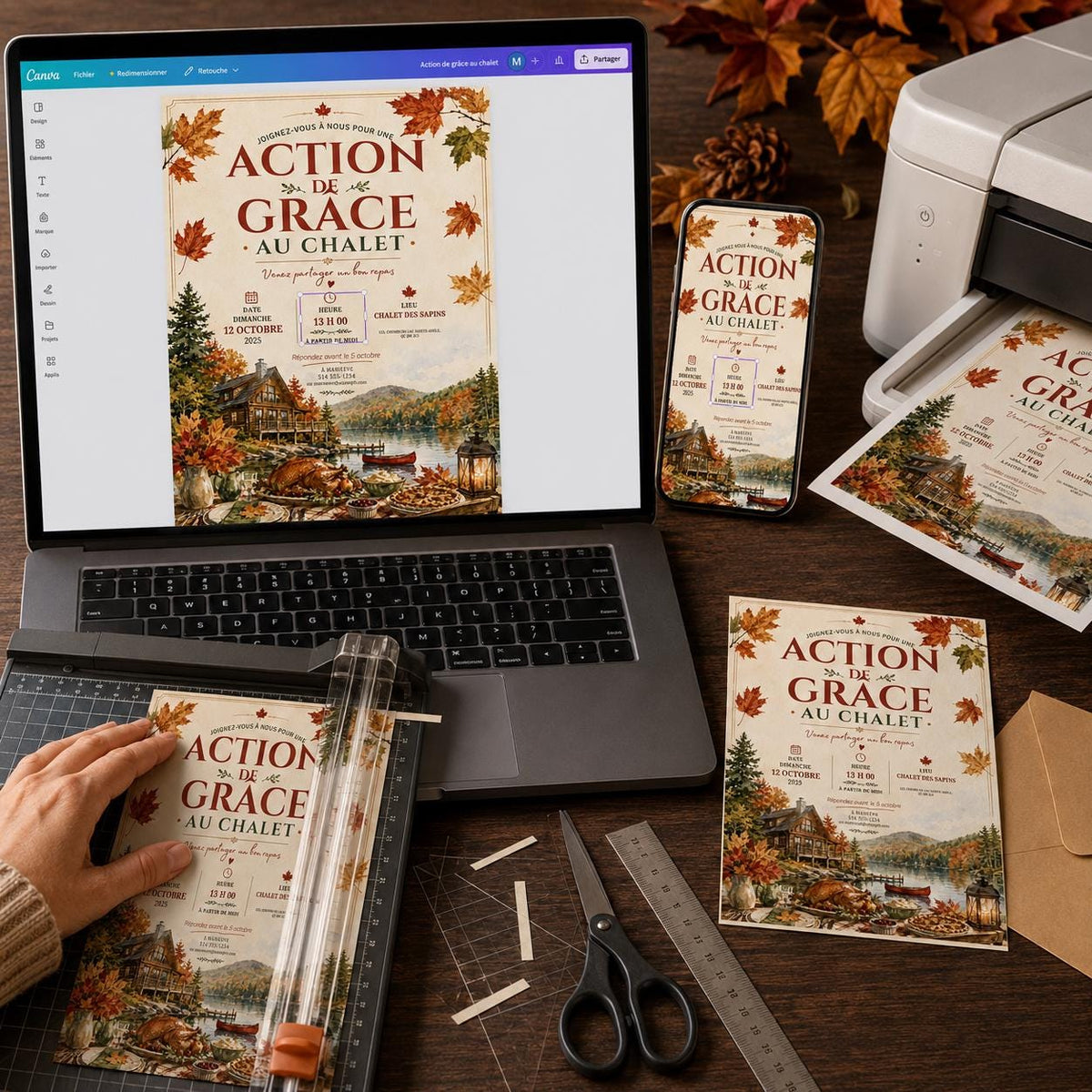 French Thanksgiving Invitation with Autumn Lake Chalet — invitation you personalize in Canva