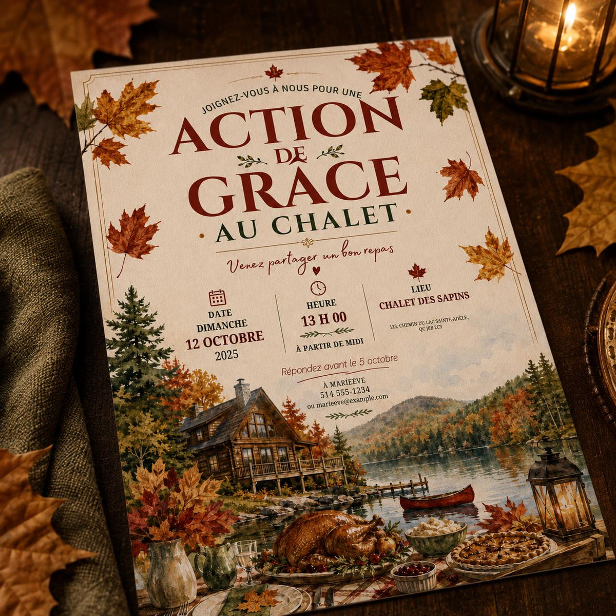 French Thanksgiving Invitation with Autumn Lake Chalet — leaf artwork in brown and cream