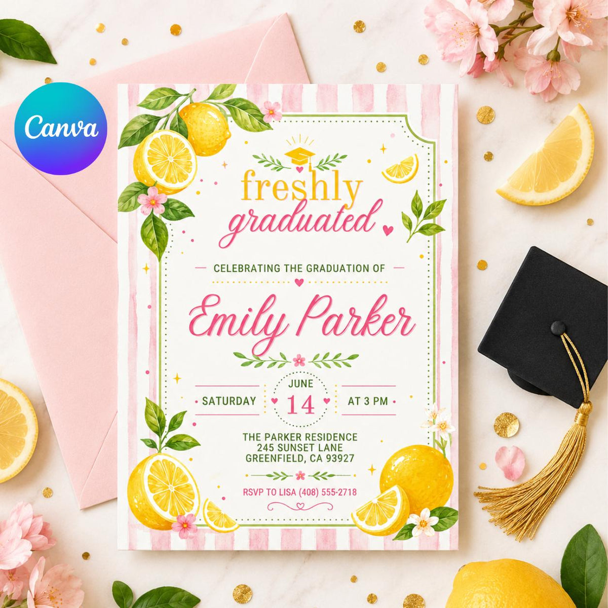 Freshly Graduated Lemon Graduation Invitation — editable Canva template
