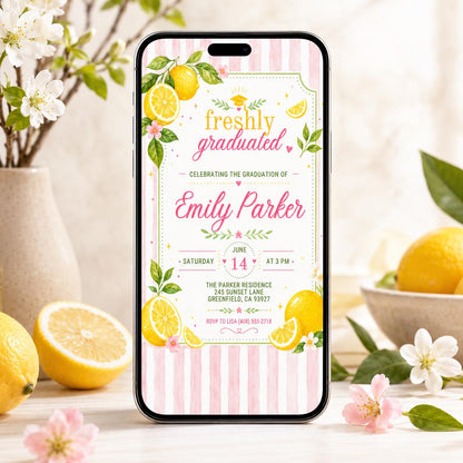 Freshly Graduated Lemon Graduation Invitation — modern graduation party design