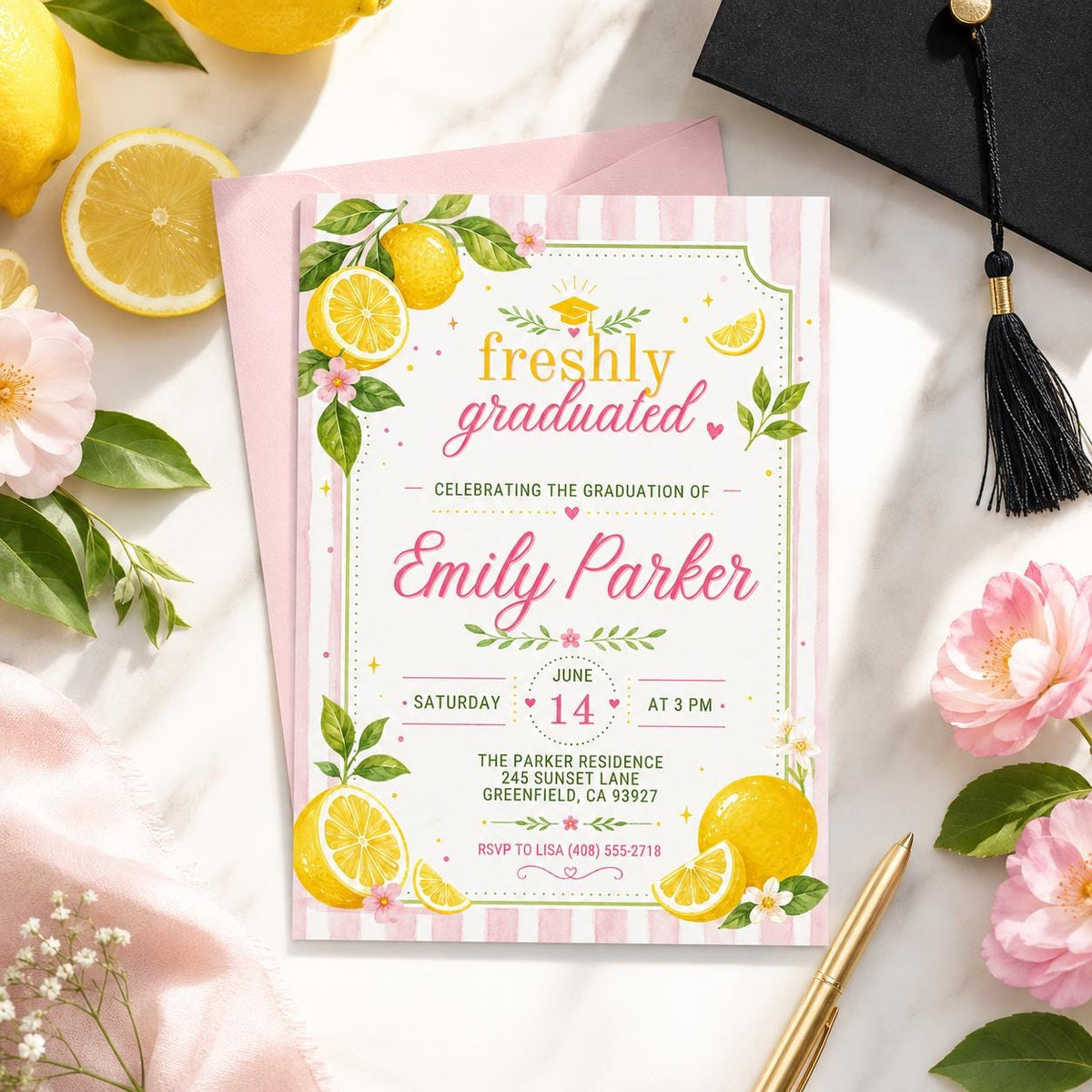 Freshly Graduated Lemon Graduation Invitation — print-ready graduation party design from VoltBy