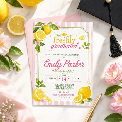 Freshly Graduated Lemon Graduation Invitation — print-ready graduation party design from VoltBy