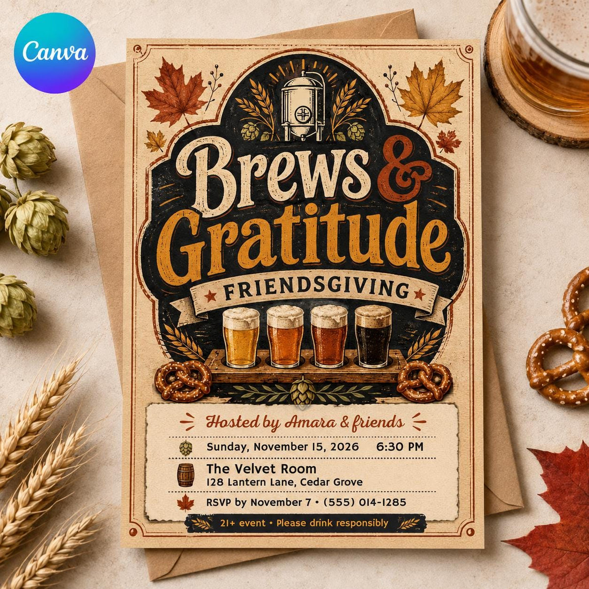 Friendsgiving Beer Tasting Invitation — editable Canva template